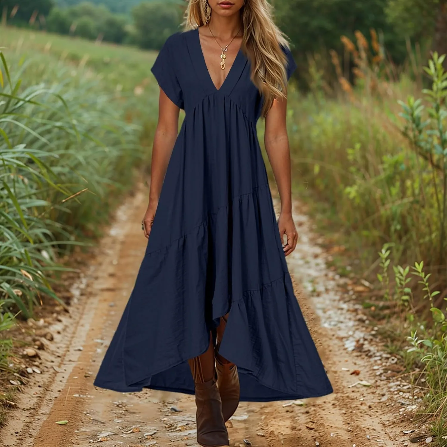 Women's Summer Bohemian and Floor-Length Dress Casual Fashion V-Neck Loose A-Line Short-Sleeved Solid Color Dresses