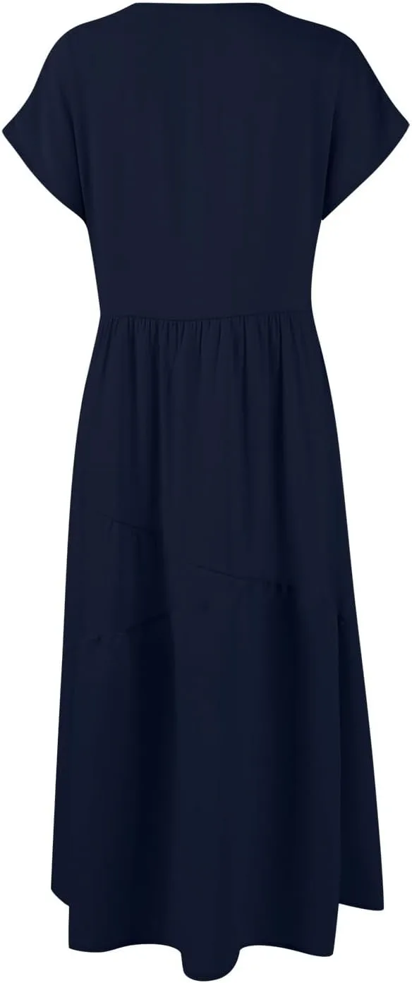 Women's Summer Bohemian and Floor-Length Dress Casual Fashion V-Neck Loose A-Line Short-Sleeved Solid Color Dresses