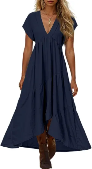 Women's Summer Bohemian and Floor-Length Dress Casual Fashion V-Neck Loose A-Line Short-Sleeved Solid Color Dresses