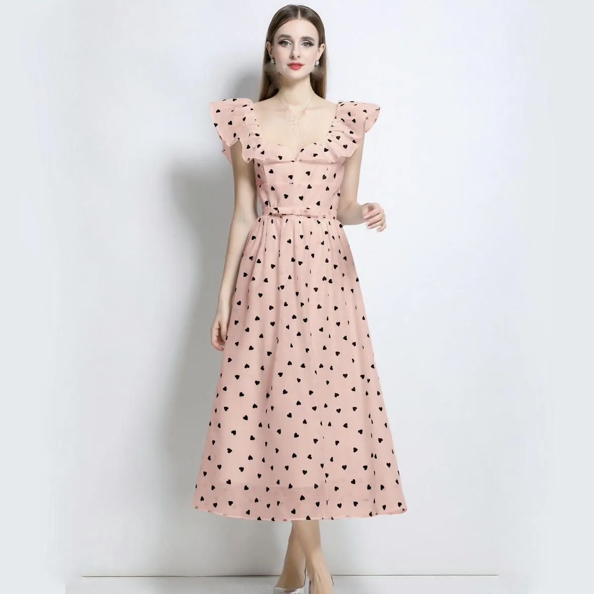 Women's Summer French Polka Dot Short-Sleeve Unique Long Dress
