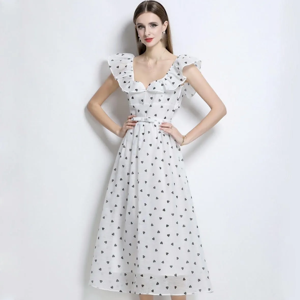 Women's Summer French Polka Dot Short-Sleeve Unique Long Dress