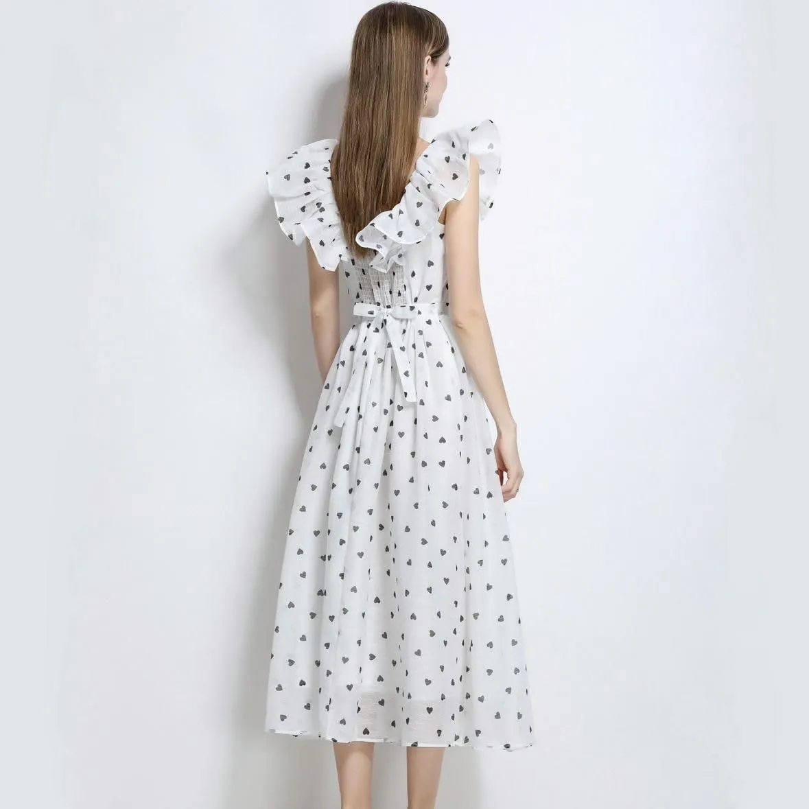 Women's Summer French Polka Dot Short-Sleeve Unique Long Dress