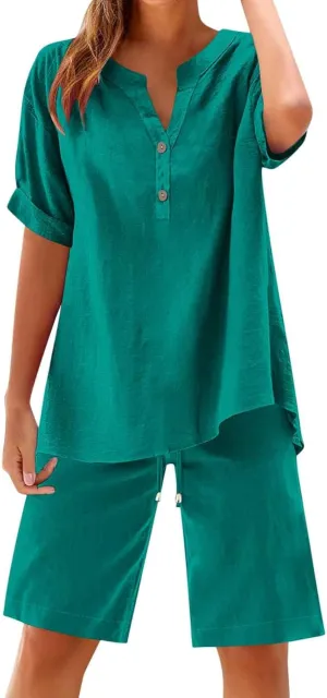 Womens Summer Outfits Cotton Linen Short Sleeve Button Down Shirt with Bermuda Shorts 2 Piece Lounge Set with Pockets