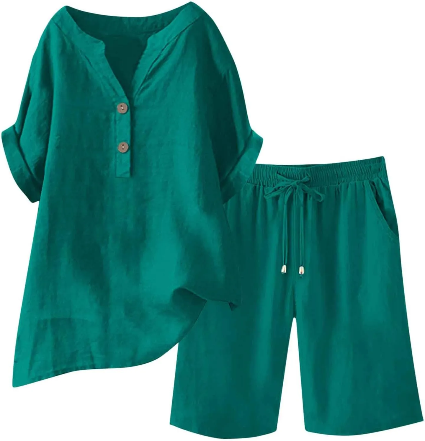 Womens Summer Outfits Cotton Linen Short Sleeve Button Down Shirt with Bermuda Shorts 2 Piece Lounge Set with Pockets