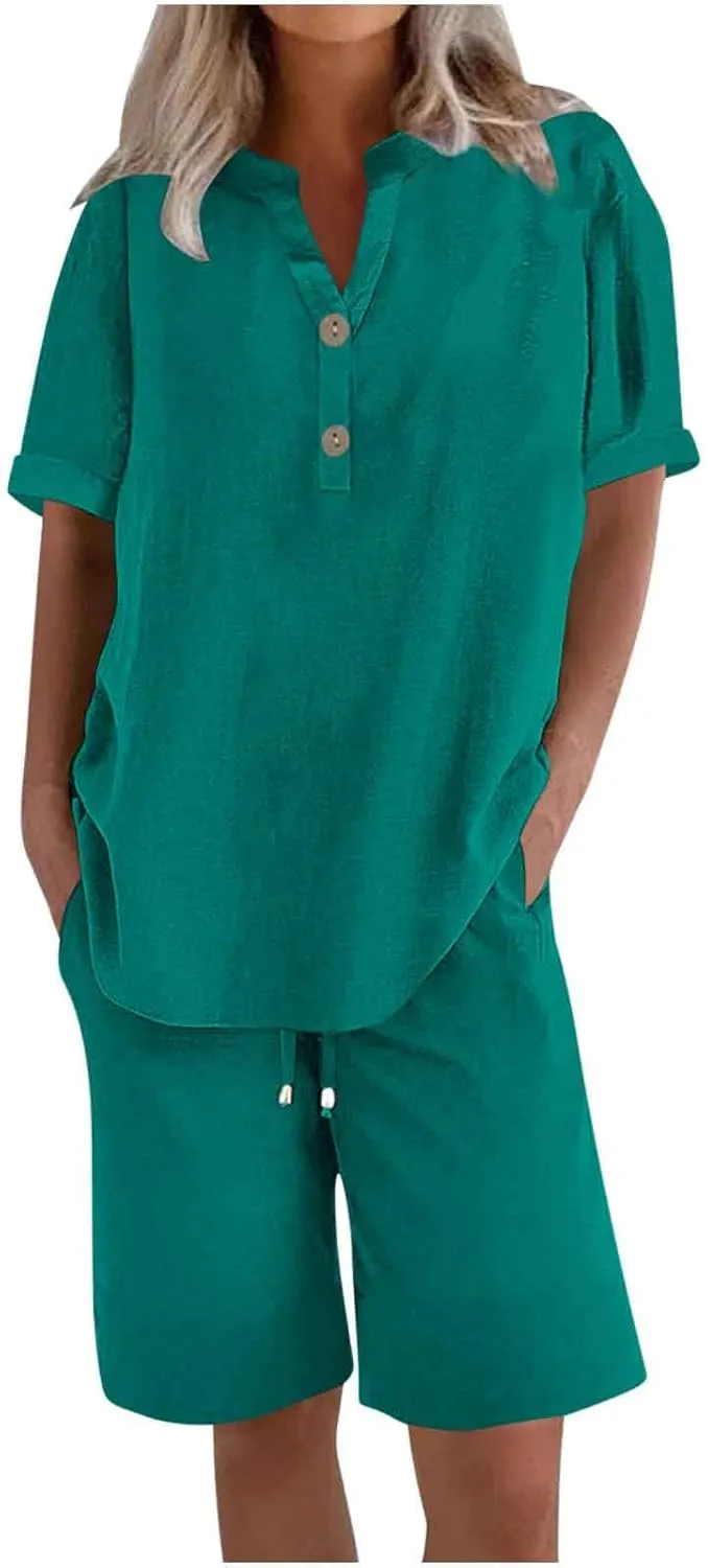 Womens Summer Outfits Cotton Linen Short Sleeve Button Down Shirt with Bermuda Shorts 2 Piece Lounge Set with Pockets