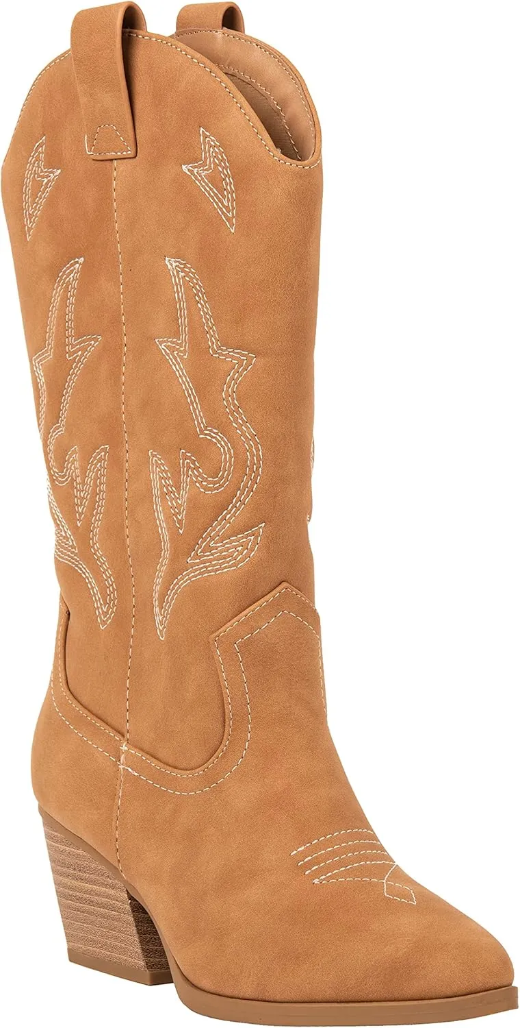 Women’s Western Cowboy Boots – Mid-Calf Pointed Toe Embroidered Cowgirl Boot with Chunky Heel – Classic Rodeo Style Julia