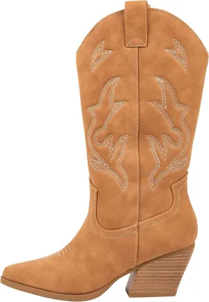 Women’s Western Cowboy Boots – Mid-Calf Pointed Toe Embroidered Cowgirl Boot with Chunky Heel – Classic Rodeo Style Julia
