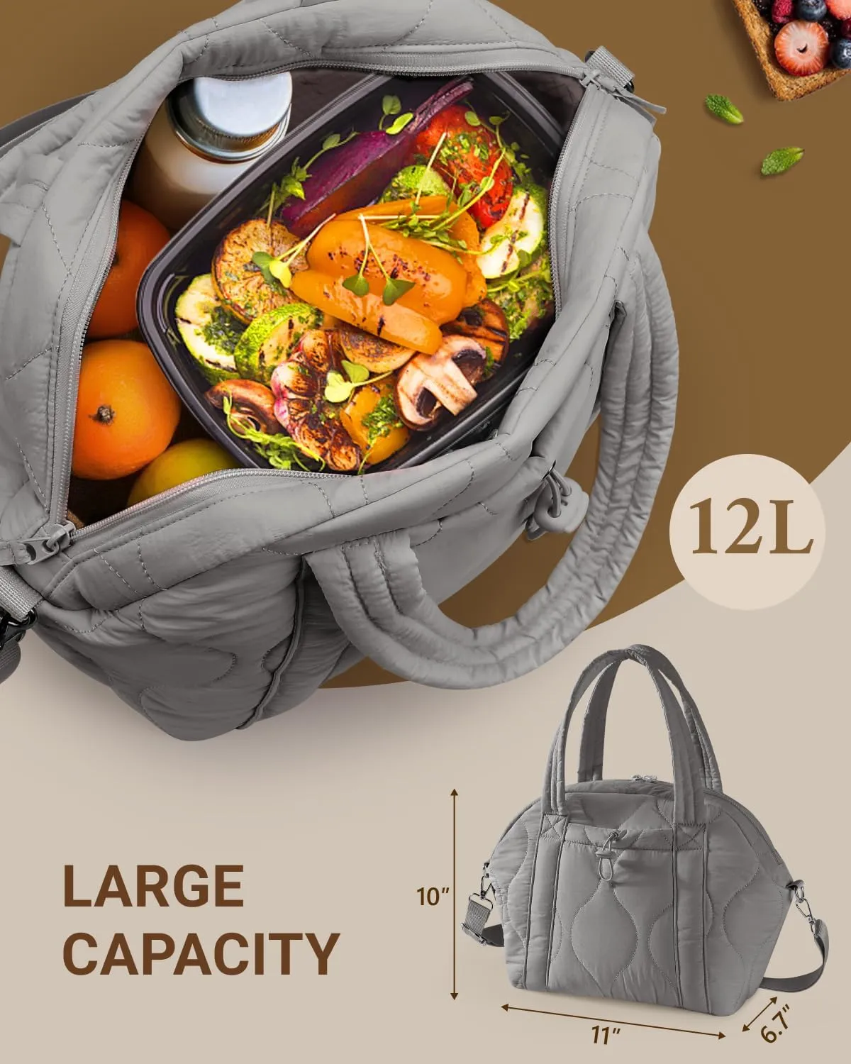 WONDAY Simple Puffer Lunch Bag for Women, Black Adult Lunch Box with Shoulder Strap, Insulated and Leakproof Lunch Tote Keeps Food Fresh, Large Lunch Bag, Perfect for Work, College and picnic