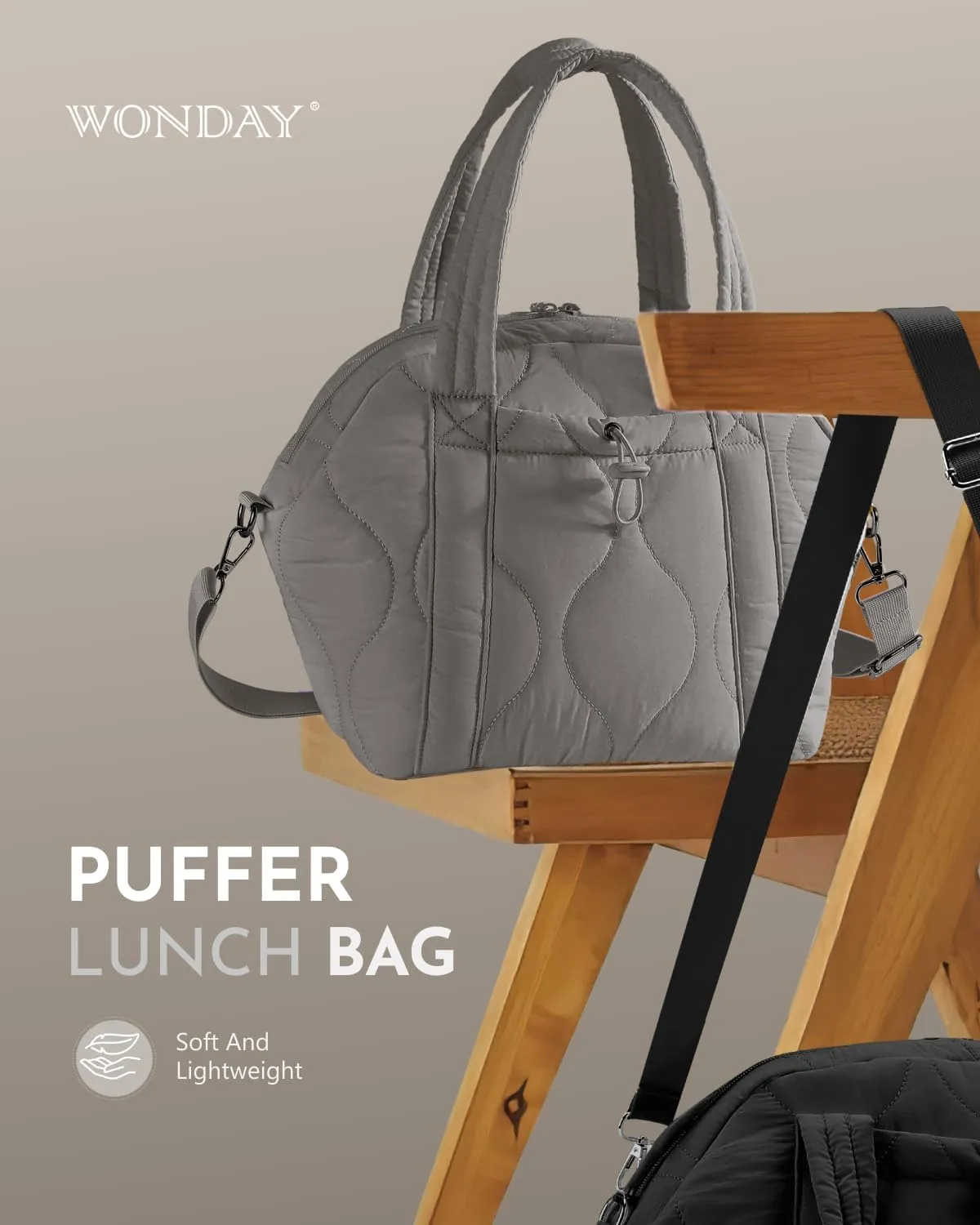 WONDAY Simple Puffer Lunch Bag for Women, Black Adult Lunch Box with Shoulder Strap, Insulated and Leakproof Lunch Tote Keeps Food Fresh, Large Lunch Bag, Perfect for Work, College and picnic