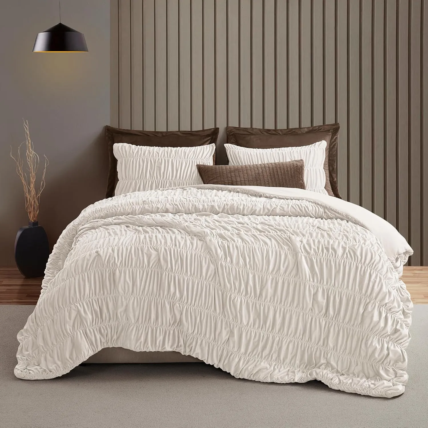 Wonderful Luxury Ruched Velvet Queen Size Cream Quilt Set, Handcrafted Quilted 3 Piece Ruffle Crinkle Striped Reversible, Cotton-Like Feel, Fluffy Lightweight Comforter Bedding Set