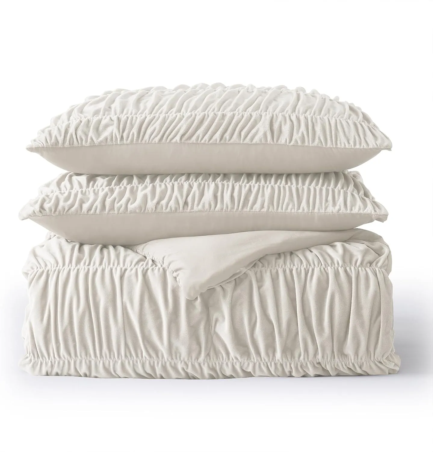 Wonderful Luxury Ruched Velvet Queen Size Cream Quilt Set, Handcrafted Quilted 3 Piece Ruffle Crinkle Striped Reversible, Cotton-Like Feel, Fluffy Lightweight Comforter Bedding Set