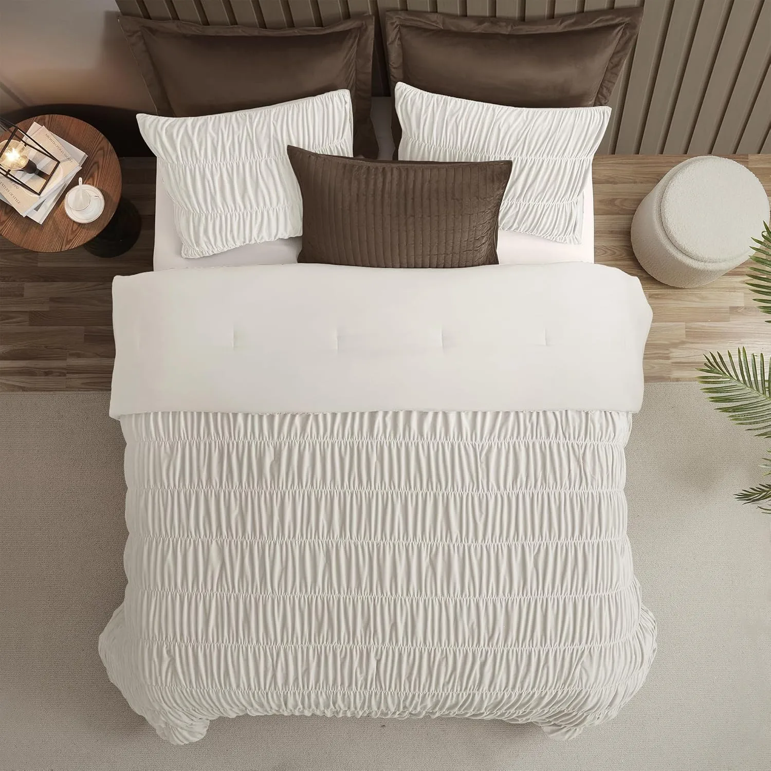 Wonderful Luxury Ruched Velvet Queen Size Cream Quilt Set, Handcrafted Quilted 3 Piece Ruffle Crinkle Striped Reversible, Cotton-Like Feel, Fluffy Lightweight Comforter Bedding Set