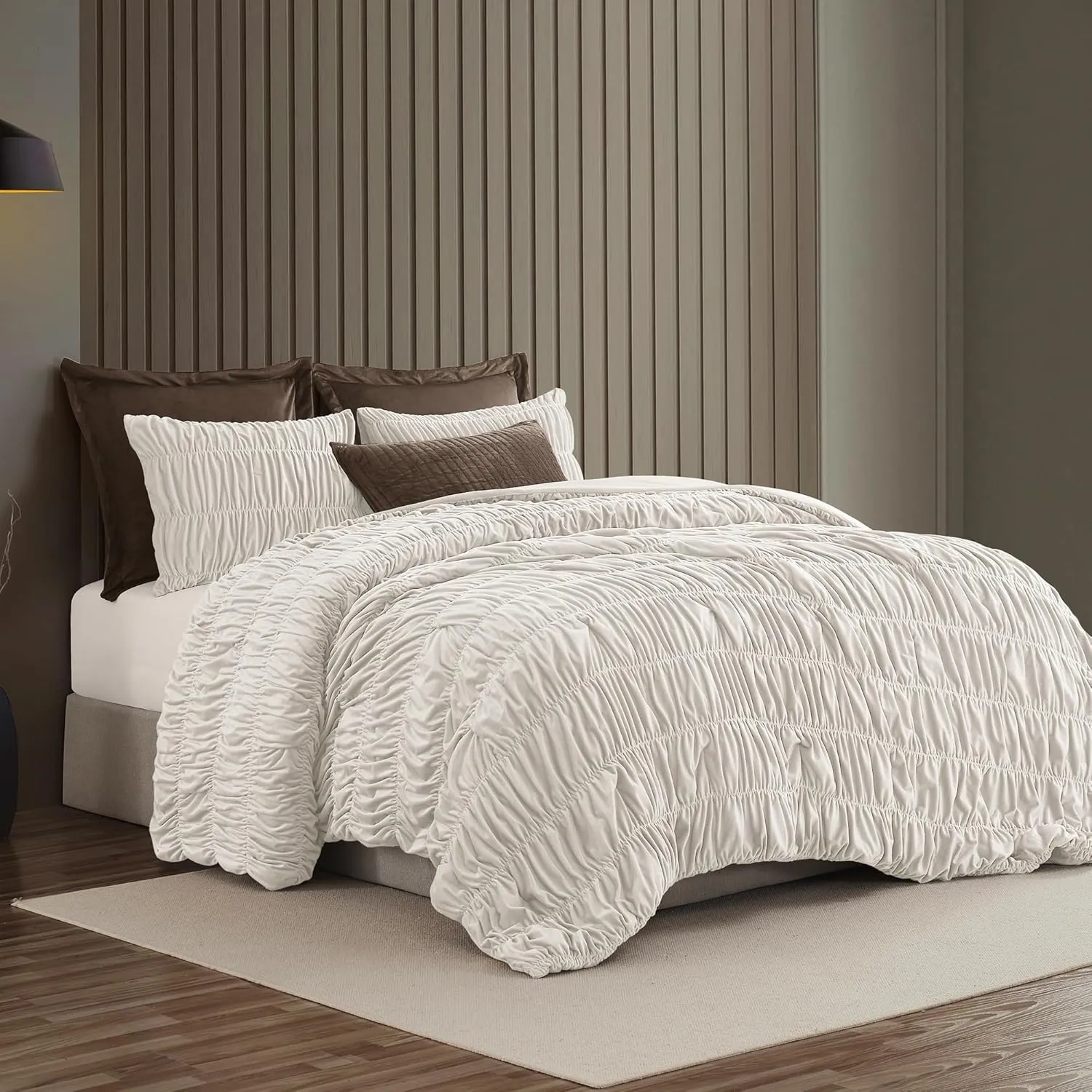 Wonderful Luxury Ruched Velvet Queen Size Cream Quilt Set, Handcrafted Quilted 3 Piece Ruffle Crinkle Striped Reversible, Cotton-Like Feel, Fluffy Lightweight Comforter Bedding Set