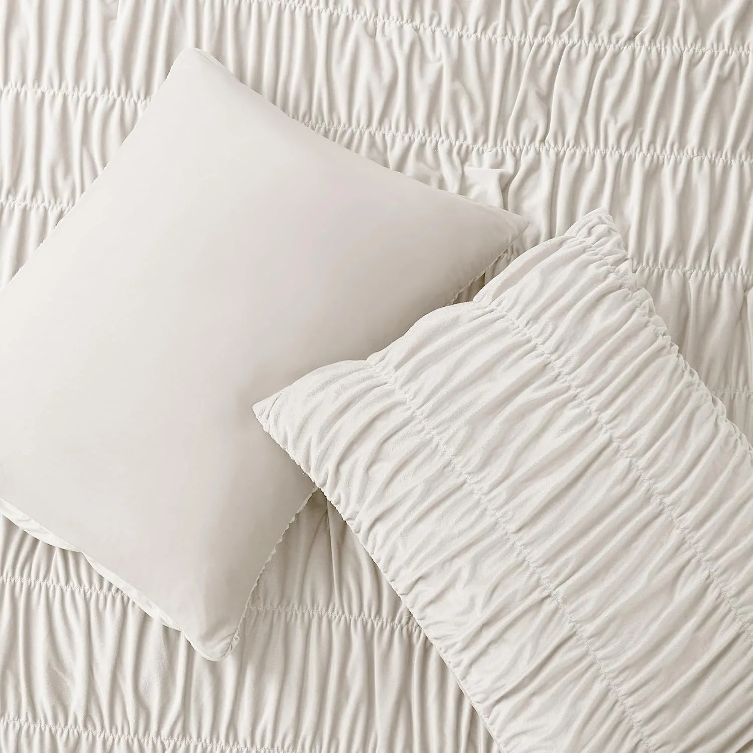 Wonderful Luxury Ruched Velvet Queen Size Cream Quilt Set, Handcrafted Quilted 3 Piece Ruffle Crinkle Striped Reversible, Cotton-Like Feel, Fluffy Lightweight Comforter Bedding Set