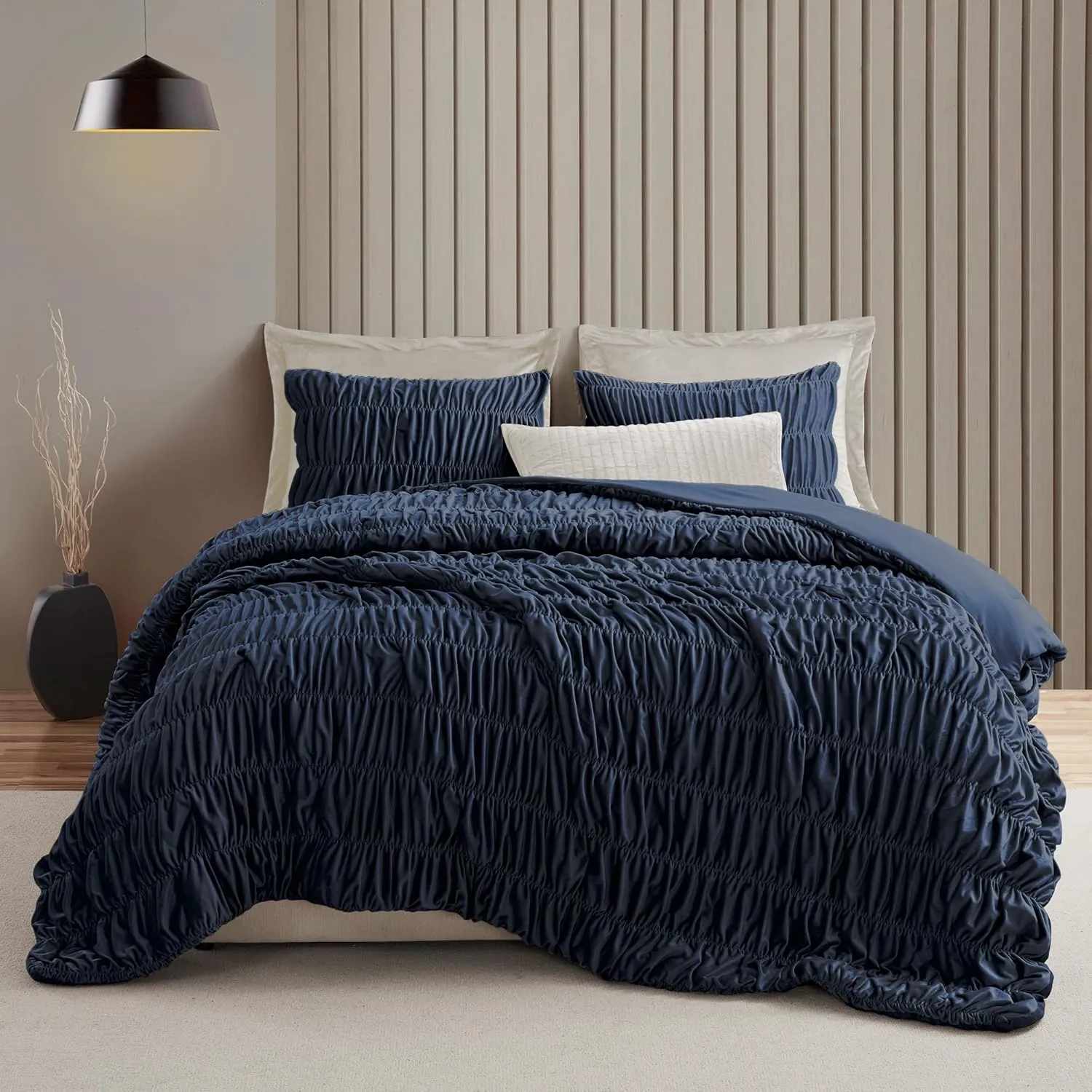 Wonderful Luxury Ruched Velvet Queen Size Navy Quilt Set, Handcrafted Quilted 3 Piece Ruffle Crinkle Striped Reversible, Cotton-Like Feel, Fluffy Lightweight Comforter Bedding Set