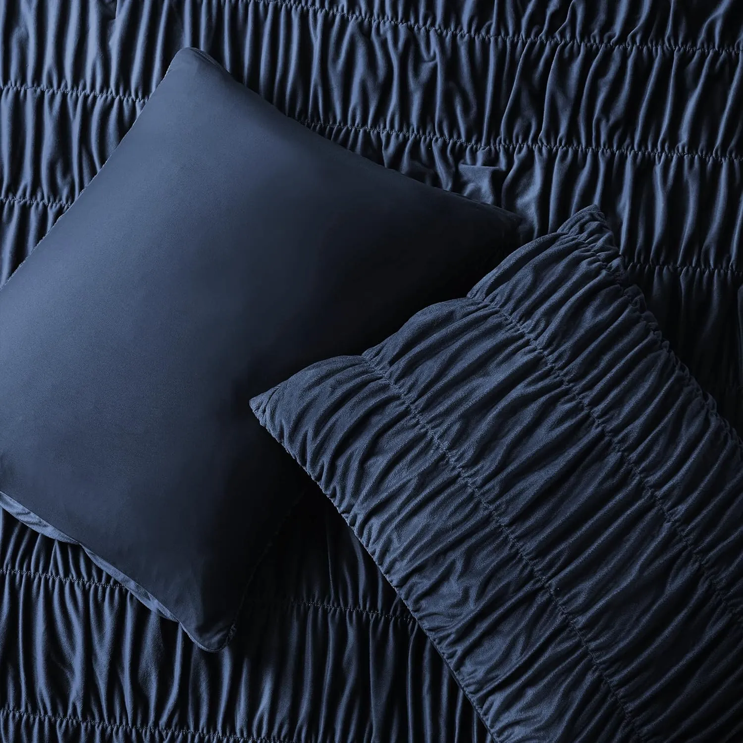 Wonderful Luxury Ruched Velvet Queen Size Navy Quilt Set, Handcrafted Quilted 3 Piece Ruffle Crinkle Striped Reversible, Cotton-Like Feel, Fluffy Lightweight Comforter Bedding Set