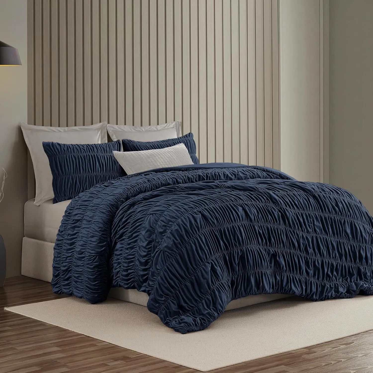 Wonderful Luxury Ruched Velvet Queen Size Navy Quilt Set, Handcrafted Quilted 3 Piece Ruffle Crinkle Striped Reversible, Cotton-Like Feel, Fluffy Lightweight Comforter Bedding Set