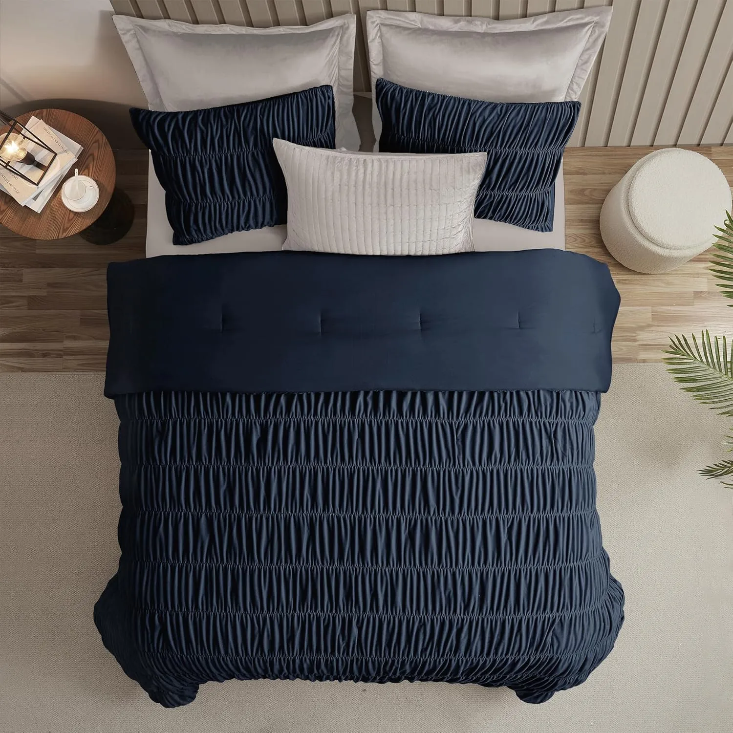 Wonderful Luxury Ruched Velvet Queen Size Navy Quilt Set, Handcrafted Quilted 3 Piece Ruffle Crinkle Striped Reversible, Cotton-Like Feel, Fluffy Lightweight Comforter Bedding Set