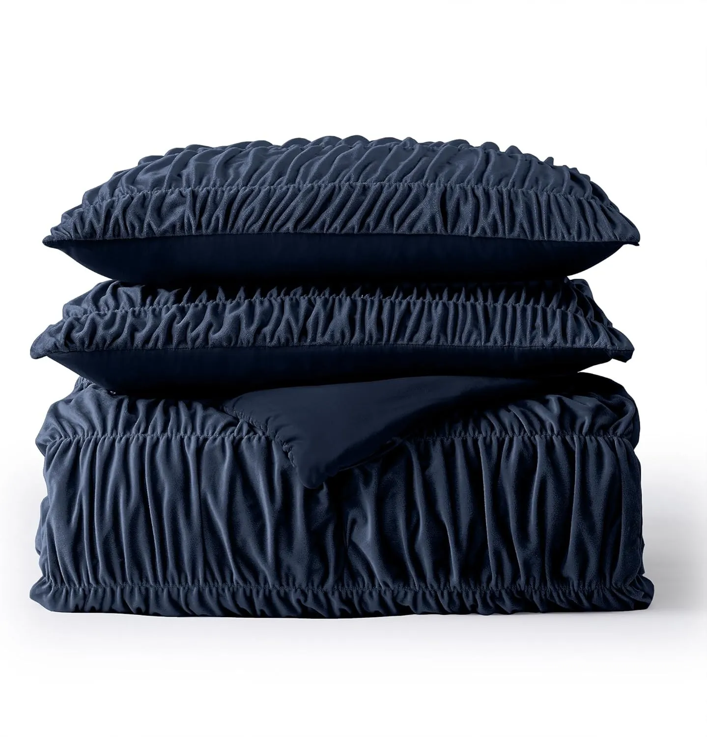 Wonderful Luxury Ruched Velvet Queen Size Navy Quilt Set, Handcrafted Quilted 3 Piece Ruffle Crinkle Striped Reversible, Cotton-Like Feel, Fluffy Lightweight Comforter Bedding Set