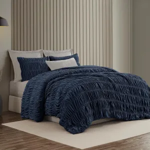 Wonderful Luxury Ruched Velvet Queen Size Navy Quilt Set, Handcrafted Quilted 3 Piece Ruffle Crinkle Striped Reversible, Cotton-Like Feel, Fluffy Lightweight Comforter Bedding Set