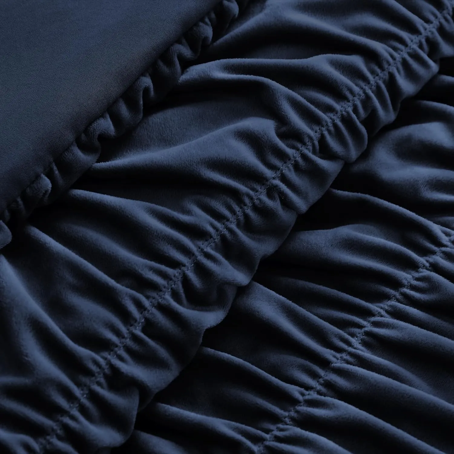 Wonderful Luxury Ruched Velvet Queen Size Navy Quilt Set, Handcrafted Quilted 3 Piece Ruffle Crinkle Striped Reversible, Cotton-Like Feel, Fluffy Lightweight Comforter Bedding Set