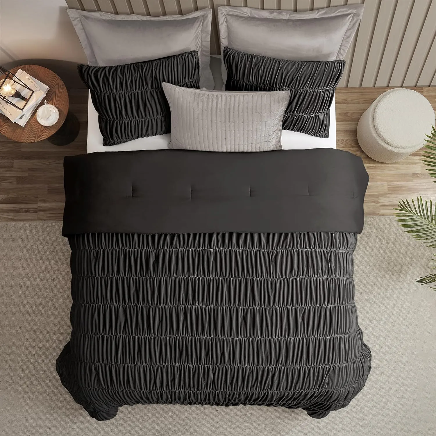 Wonderful Luxury Ruched Velvet Quilt Set Queen Size Dark Brown Handcrafted Boho Lightweight Comforter Bedding Pleated Shabby Chic Coverlet Crinkle Striped Bedspread Reversible, Fluffy Blanket Set Gift