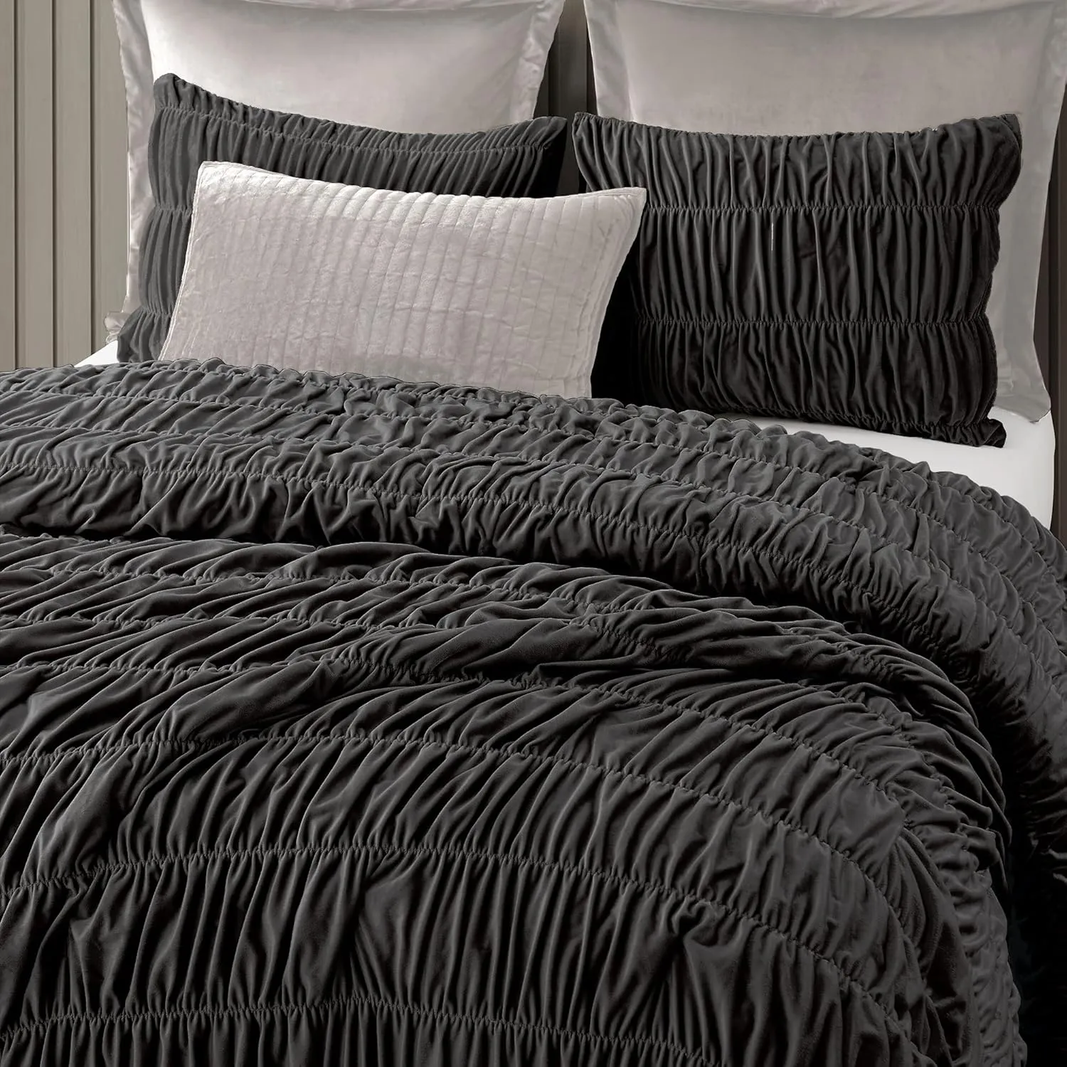 Wonderful Luxury Ruched Velvet Quilt Set Queen Size Dark Brown Handcrafted Boho Lightweight Comforter Bedding Pleated Shabby Chic Coverlet Crinkle Striped Bedspread Reversible, Fluffy Blanket Set Gift
