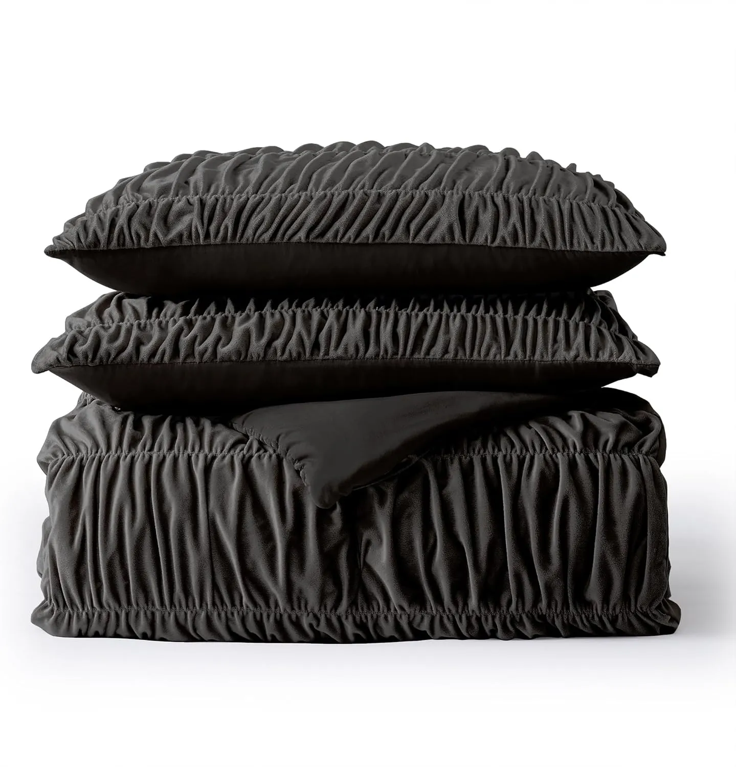 Wonderful Luxury Ruched Velvet Quilt Set Queen Size Dark Brown Handcrafted Boho Lightweight Comforter Bedding Pleated Shabby Chic Coverlet Crinkle Striped Bedspread Reversible, Fluffy Blanket Set Gift