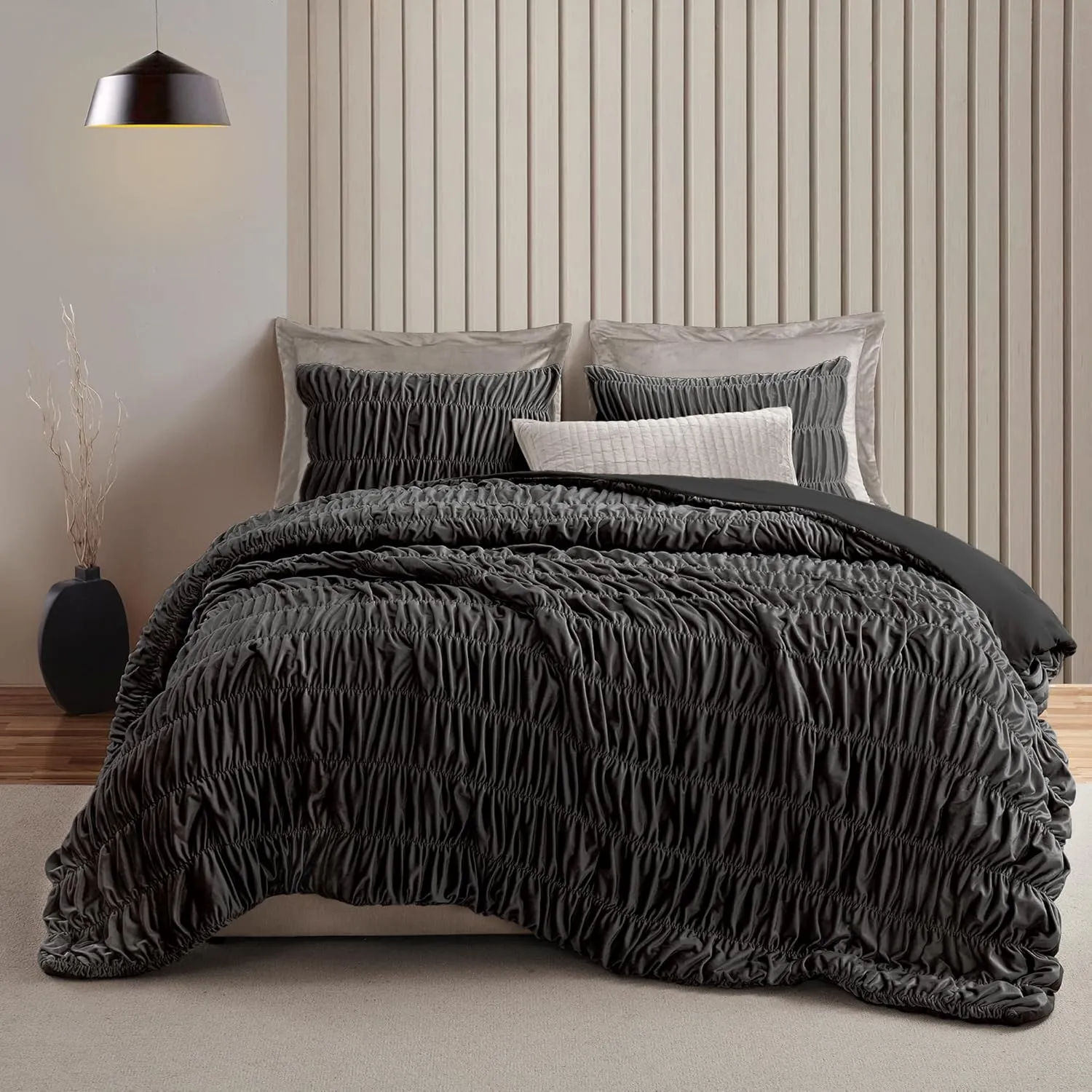Wonderful Luxury Ruched Velvet Quilt Set Queen Size Dark Brown Handcrafted Boho Lightweight Comforter Bedding Pleated Shabby Chic Coverlet Crinkle Striped Bedspread Reversible, Fluffy Blanket Set Gift