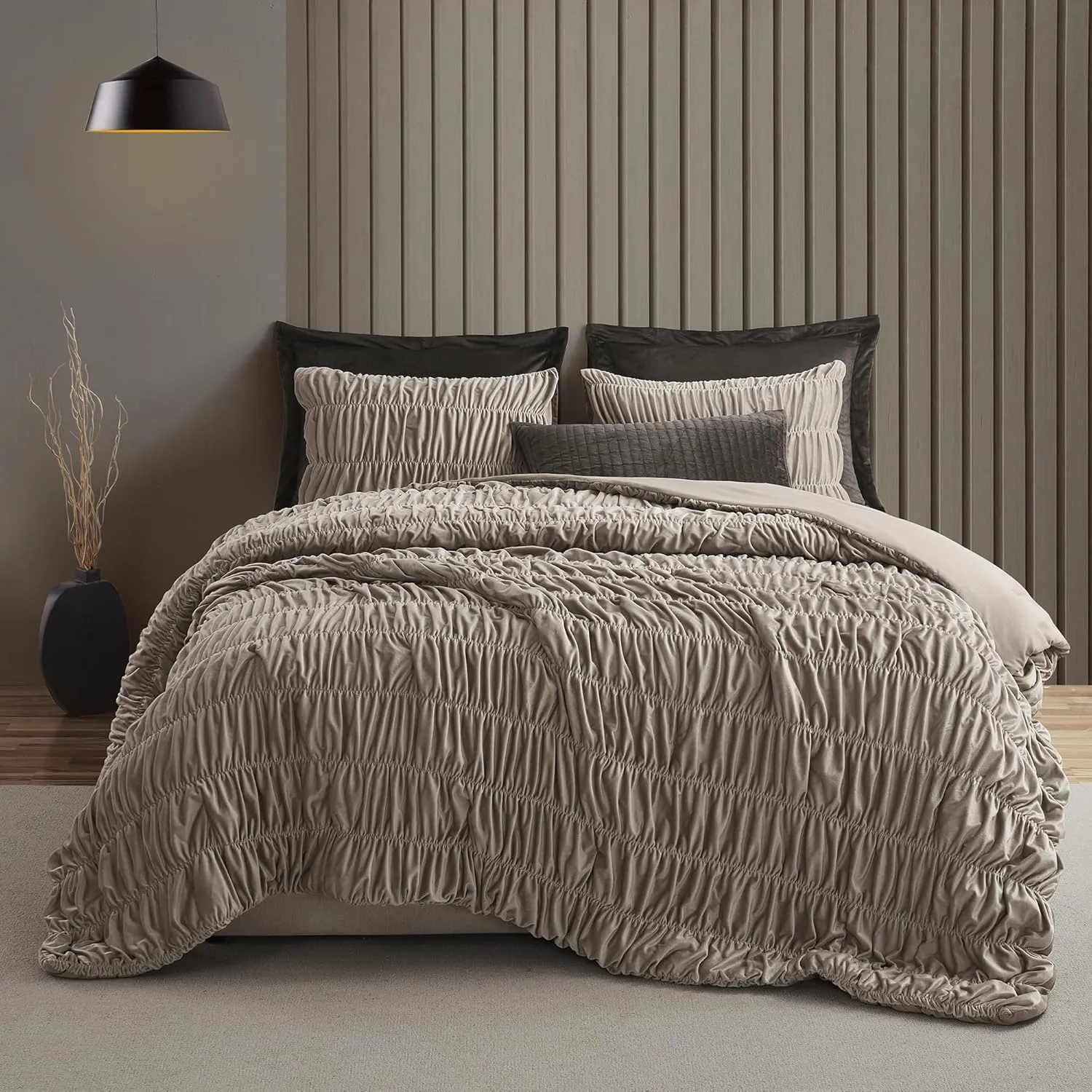 Wonderful Luxury Ruched Velvet Quilt Set Queen Size Light Brown Lightweight Comforter with Shams, Boho Bedding Crinkle Striped Bedspread Shabby Chic Coverlet Fluffy Blanket for All Season