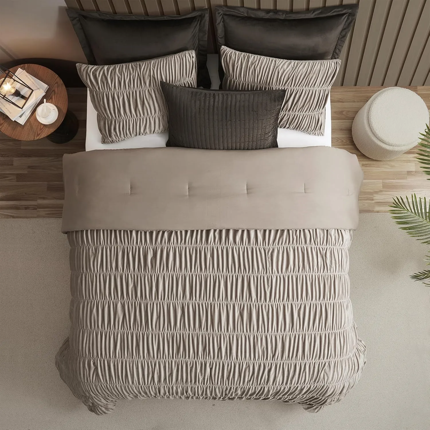 Wonderful Luxury Ruched Velvet Quilt Set Queen Size Light Brown Lightweight Comforter with Shams, Boho Bedding Crinkle Striped Bedspread Shabby Chic Coverlet Fluffy Blanket for All Season
