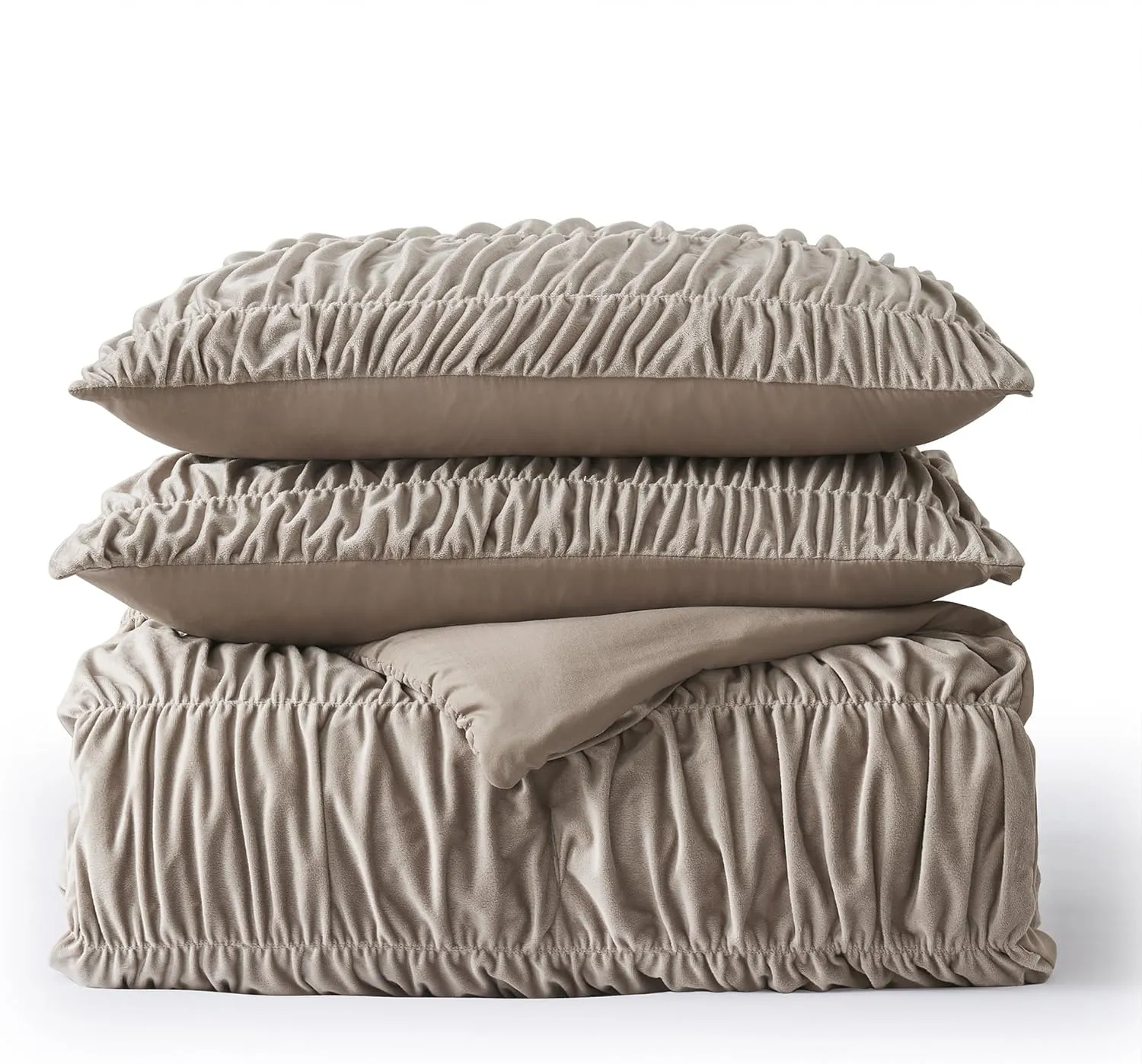 Wonderful Luxury Ruched Velvet Quilt Set Queen Size Light Brown Lightweight Comforter with Shams, Boho Bedding Crinkle Striped Bedspread Shabby Chic Coverlet Fluffy Blanket for All Season