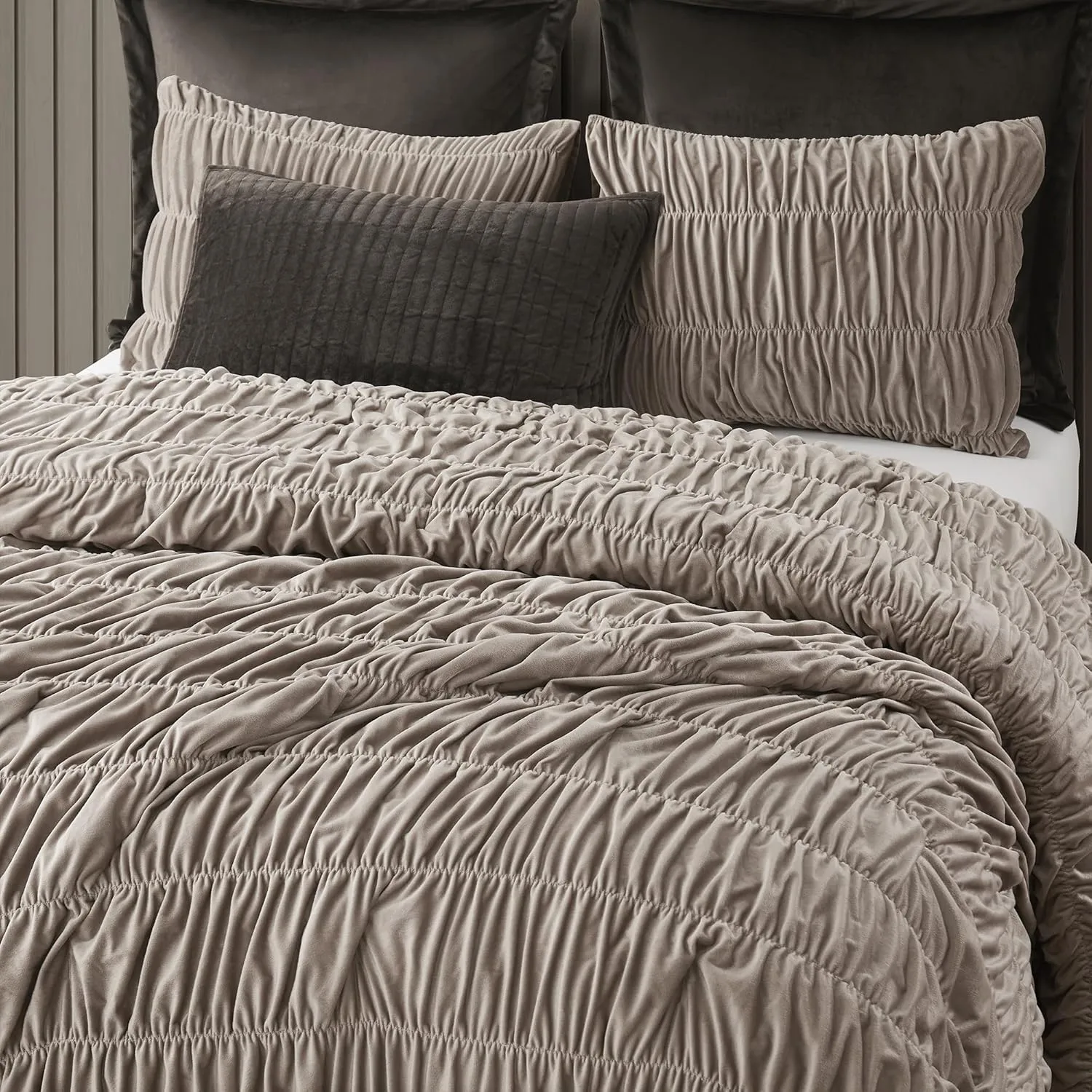 Wonderful Luxury Ruched Velvet Quilt Set Queen Size Light Brown Lightweight Comforter with Shams, Boho Bedding Crinkle Striped Bedspread Shabby Chic Coverlet Fluffy Blanket for All Season
