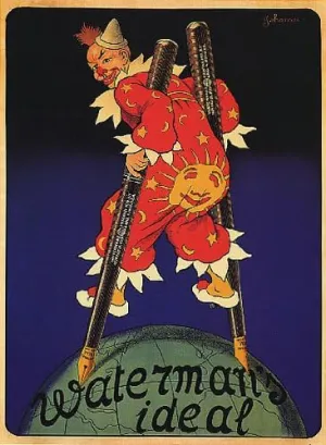 WONDERFULITEMS Clown Pierrot Pen Pencil Globe Waterman Ideal Spain Vintage Poster Canvas REPRO