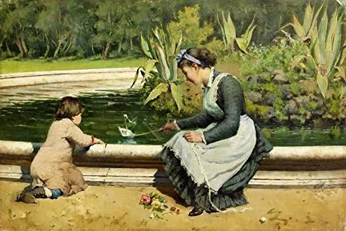 WONDERFULITEMS The Game at Villa TASCA Child Play Paper Boat Nanny Painting by Antonino LETO Large Canvas REPRO