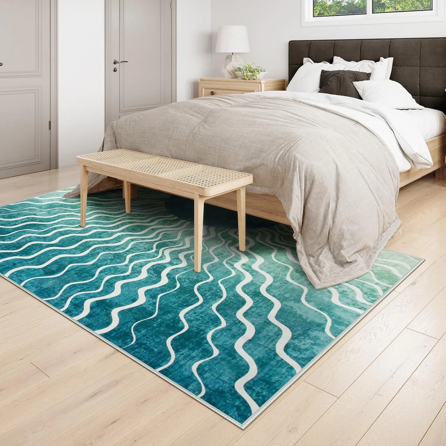 Wonnitar Boho Sun Washable Area Rugs 5x7, Green Rugs for Living Room Dining Room, Non Slip Ultra Thin Modern Ombre Dark Green Carpet for Classroom Bedroom Playroom, Teal/Multi