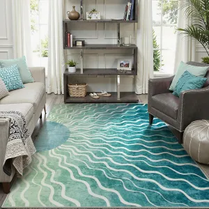 Wonnitar Boho Sun Washable Area Rugs 5x7, Green Rugs for Living Room Dining Room, Non Slip Ultra Thin Modern Ombre Dark Green Carpet for Classroom Bedroom Playroom, Teal/Multi