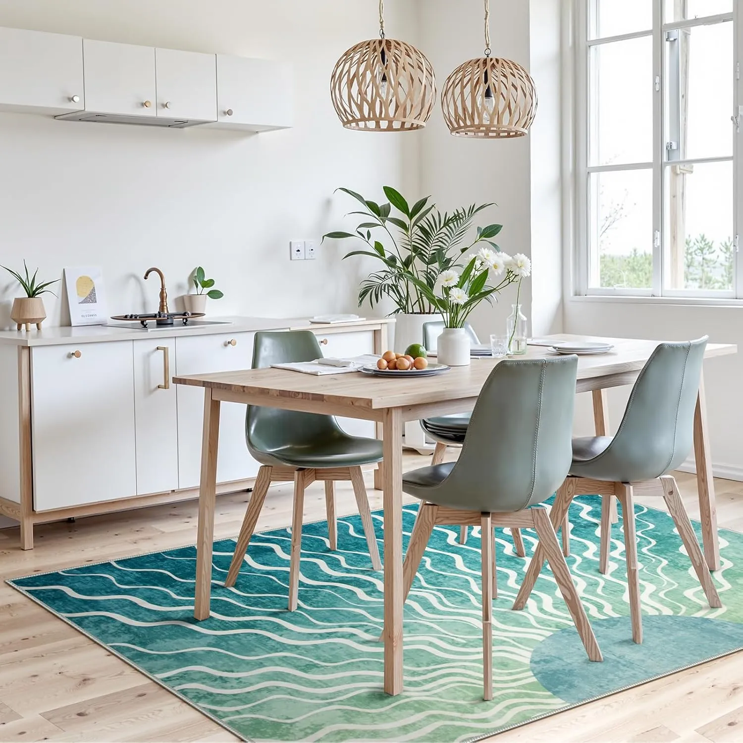 Wonnitar Boho Sun Washable Area Rugs 5x7, Green Rugs for Living Room Dining Room, Non Slip Ultra Thin Modern Ombre Dark Green Carpet for Classroom Bedroom Playroom, Teal/Multi