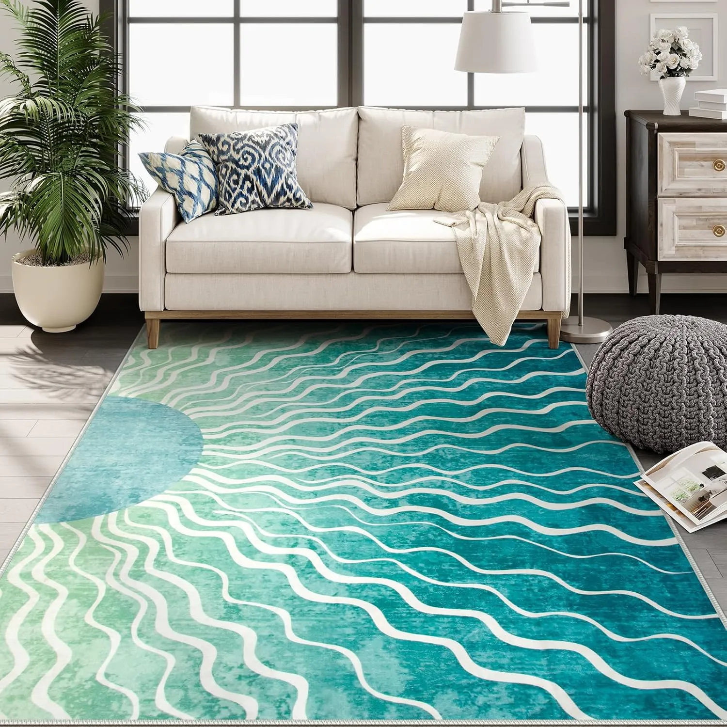 Wonnitar Boho Sun Washable Area Rugs 5x7, Green Rugs for Living Room Dining Room, Non Slip Ultra Thin Modern Ombre Dark Green Carpet for Classroom Bedroom Playroom, Teal/Multi