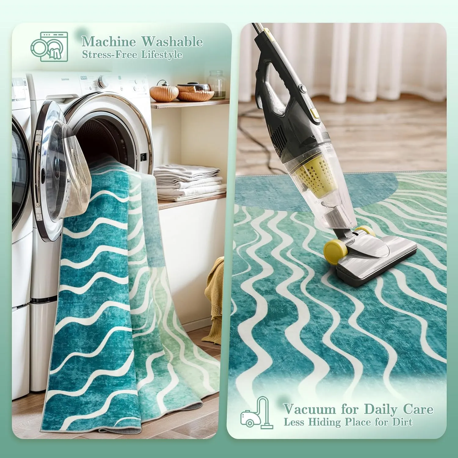 Wonnitar Boho Sun Washable Area Rugs 5x7, Green Rugs for Living Room Dining Room, Non Slip Ultra Thin Modern Ombre Dark Green Carpet for Classroom Bedroom Playroom, Teal/Multi