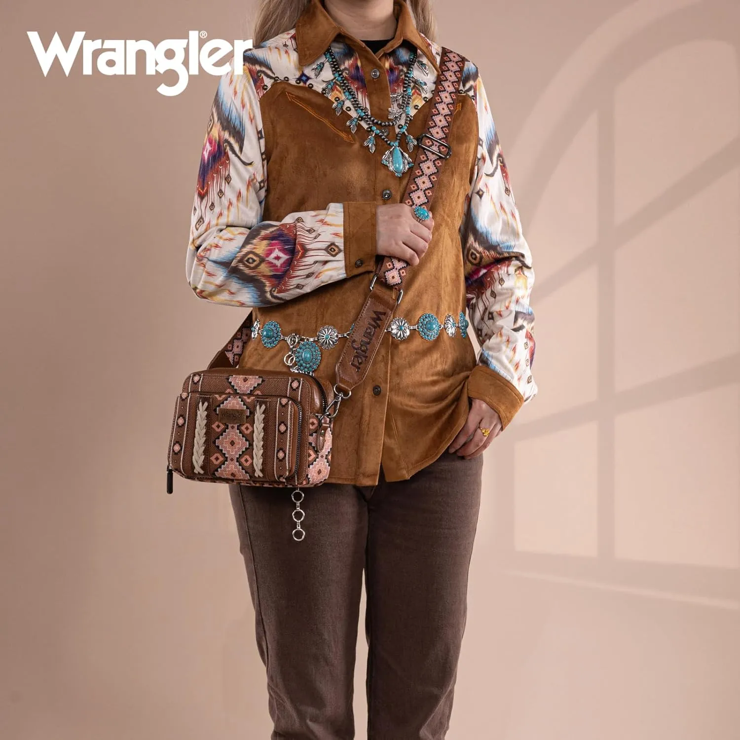 Wrangler Crossbody Bag for Women Boho Aztec Small Multi Pocket Crossover Purse