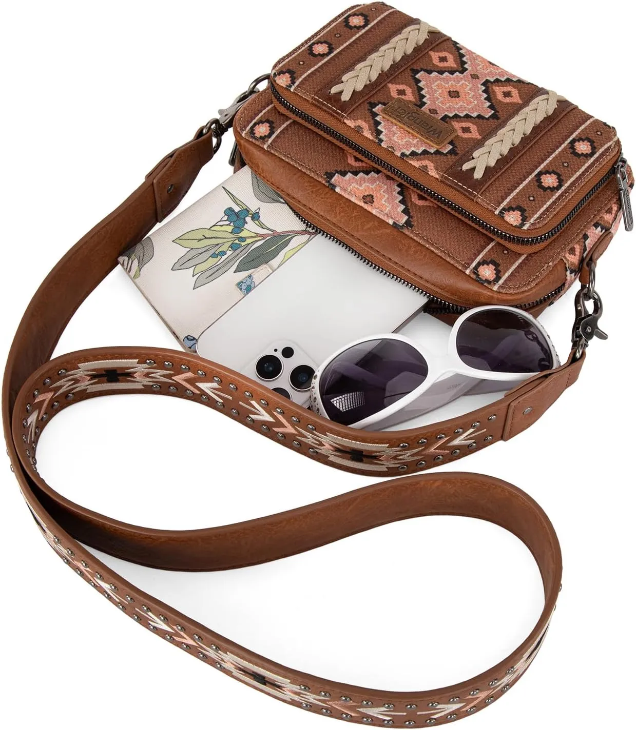 Wrangler Crossbody Bag for Women Boho Aztec Small Multi Pocket Crossover Purse