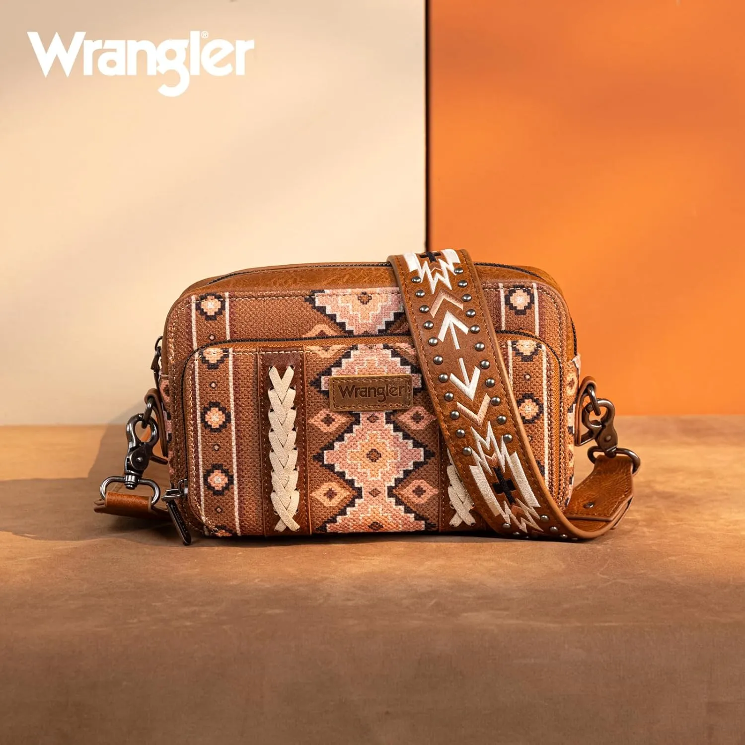Wrangler Crossbody Bag for Women Boho Aztec Small Multi Pocket Crossover Purse