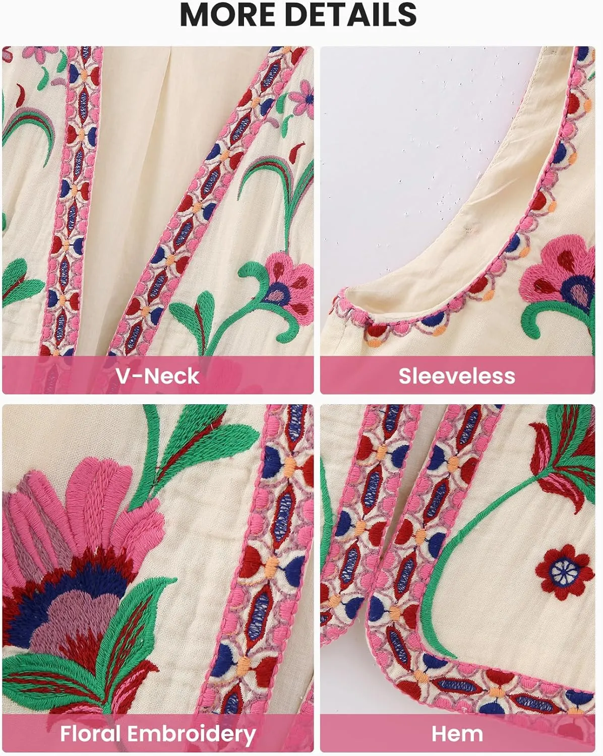 Wyeysyt Women Floral Embroidered Vest Vintage Sleeveless Boho Y2k Cardigan Open Front Cropped Waistcoat