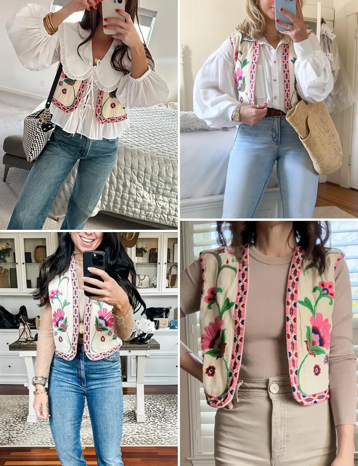 Wyeysyt Women Floral Embroidered Vest Vintage Sleeveless Boho Y2k Cardigan Open Front Cropped Waistcoat