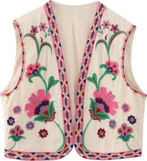 Wyeysyt Women Floral Embroidered Vest Vintage Sleeveless Boho Y2k Cardigan Open Front Cropped Waistcoat