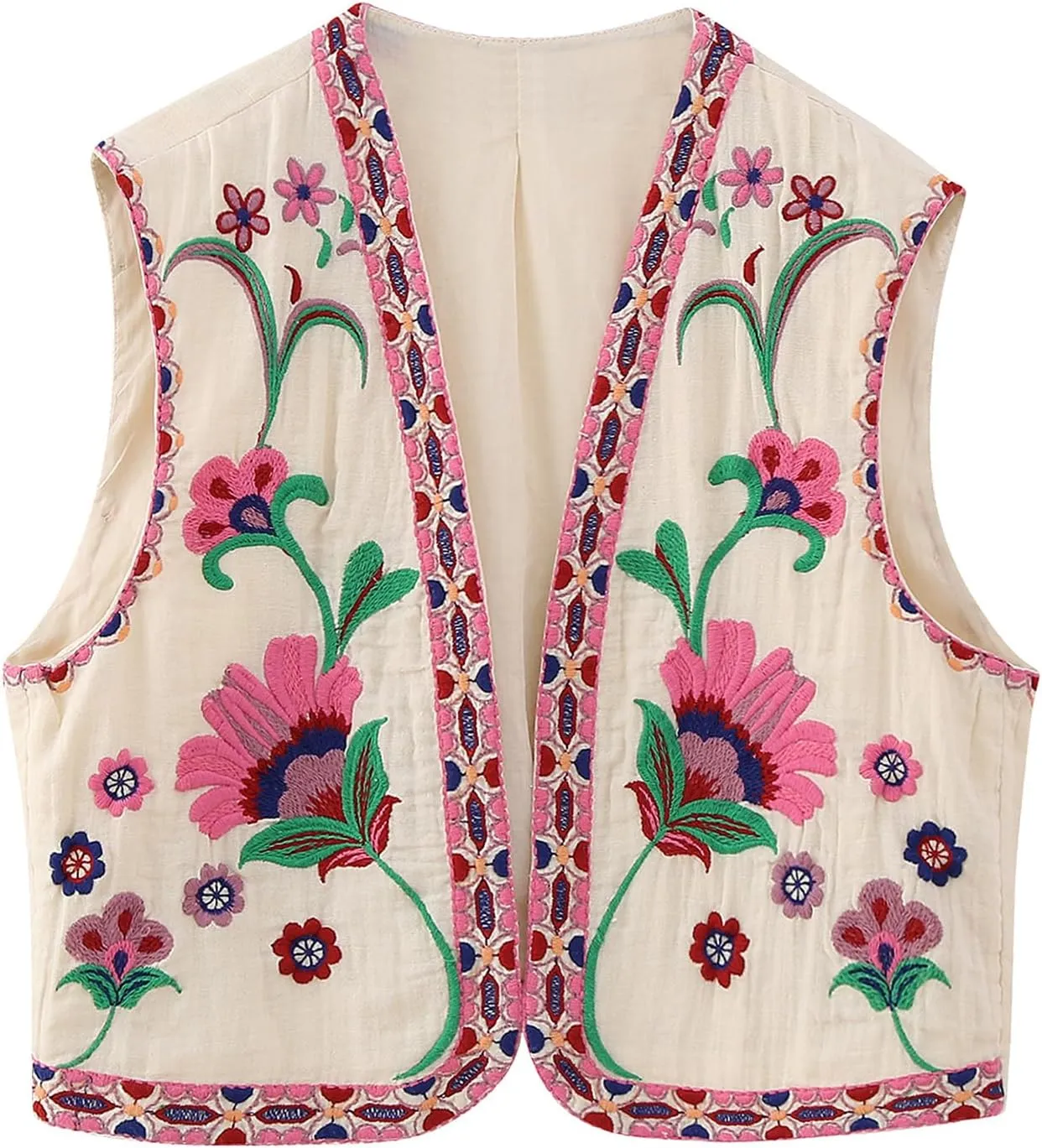 Wyeysyt Women Floral Embroidered Vest Vintage Sleeveless Boho Y2k Cardigan Open Front Cropped Waistcoat
