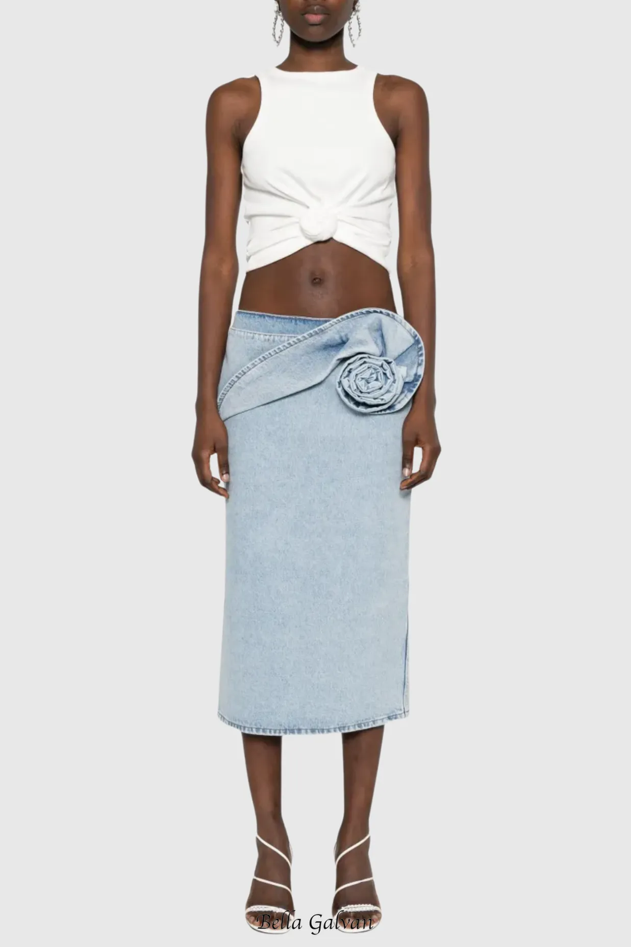 xaviera Floral Appliqué Denim Midi Skirt