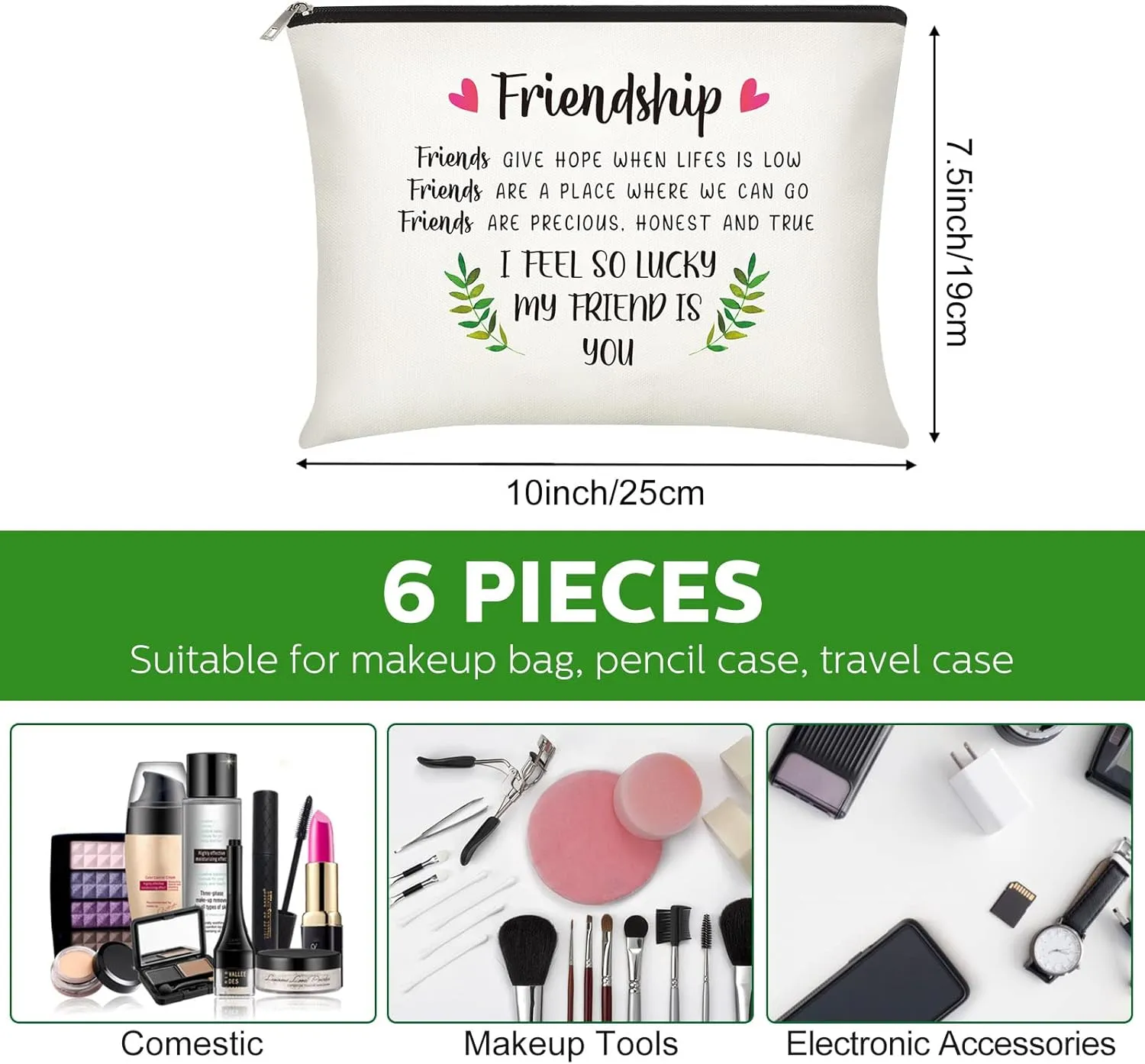 Xuniea 6 Pieces Friendship Cosmetic Bag Gifts for Women Girls Weekend Friends Makeup Bag for Friendship Travel Pouch Friend BFF Gifts for Women Birthday(Leaf Pattern)
