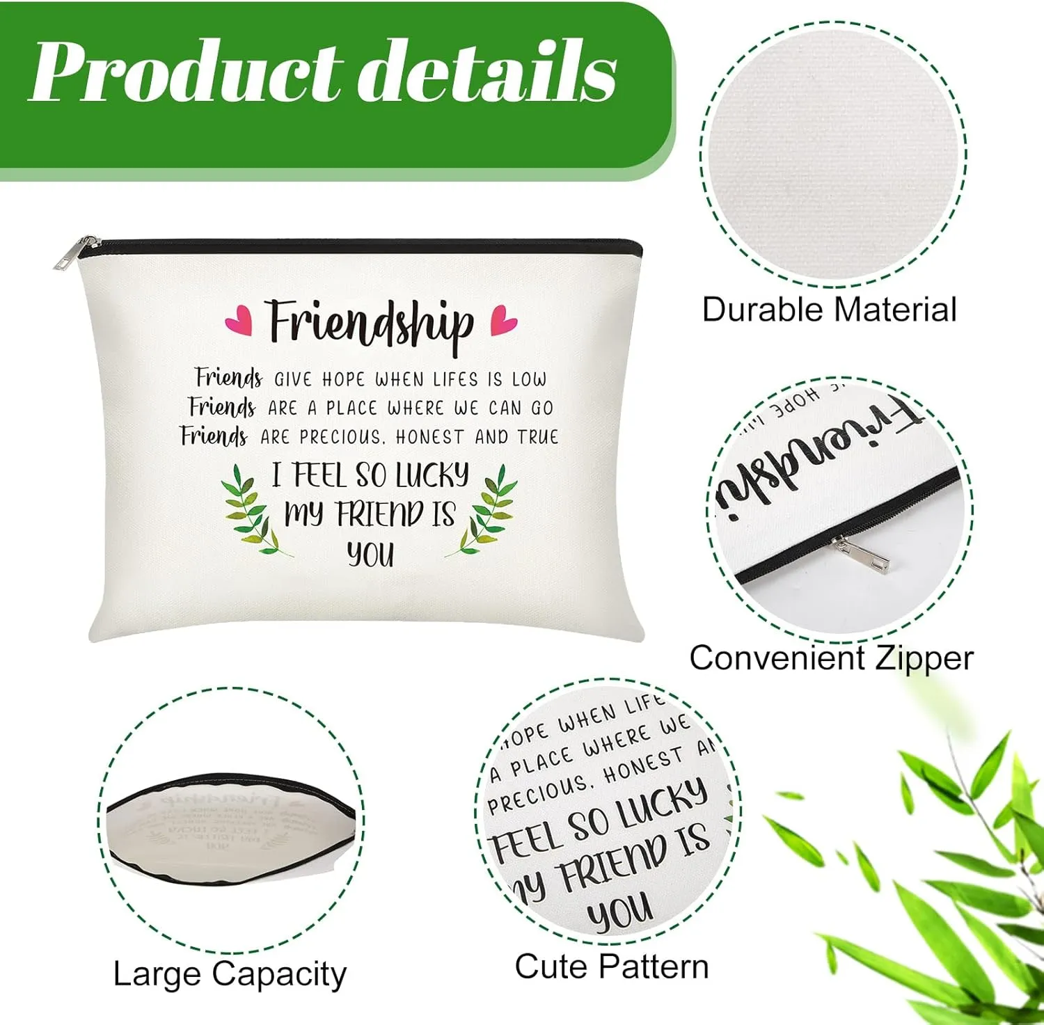 Xuniea 6 Pieces Friendship Cosmetic Bag Gifts for Women Girls Weekend Friends Makeup Bag for Friendship Travel Pouch Friend BFF Gifts for Women Birthday(Leaf Pattern)